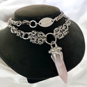 Stainless steel Handmade maille necklace rose quartz crystal boho necklace